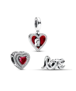 Sparkling Red Heart Dangle Charm Trio