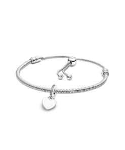 Engravable Heart Tag Dangle Charm Snake Chain Slider Bracelet Set